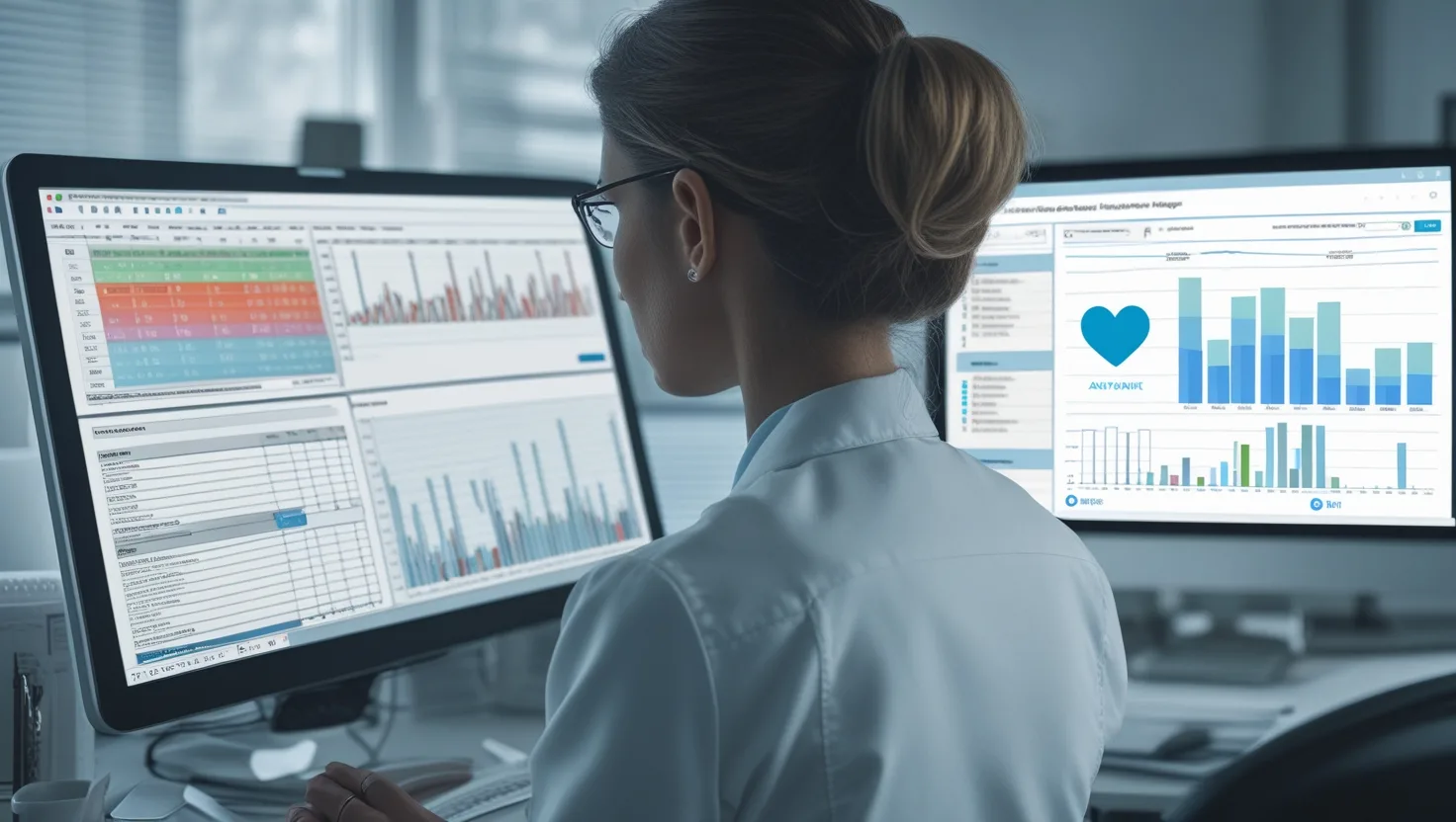 Cardiology practice manager comparing a cluttered AR spreadsheet to a clean ClearView™ analytics dashboard with clear graphs and payer insights.