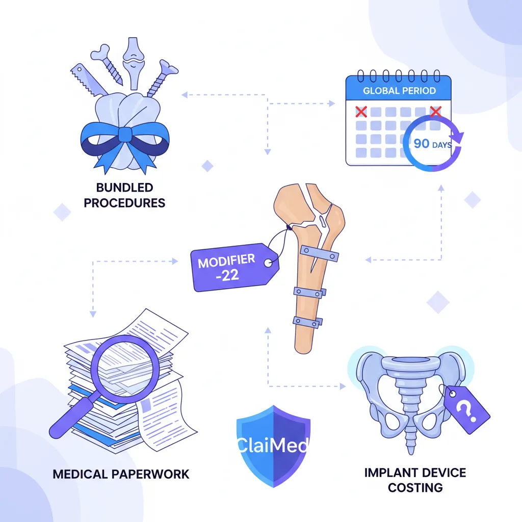 Illustration of key orthopedic billing challenges: bundled procedures, paperwork, global period calendar, modifier tag, and implant device, in brand blue, purple, and white.