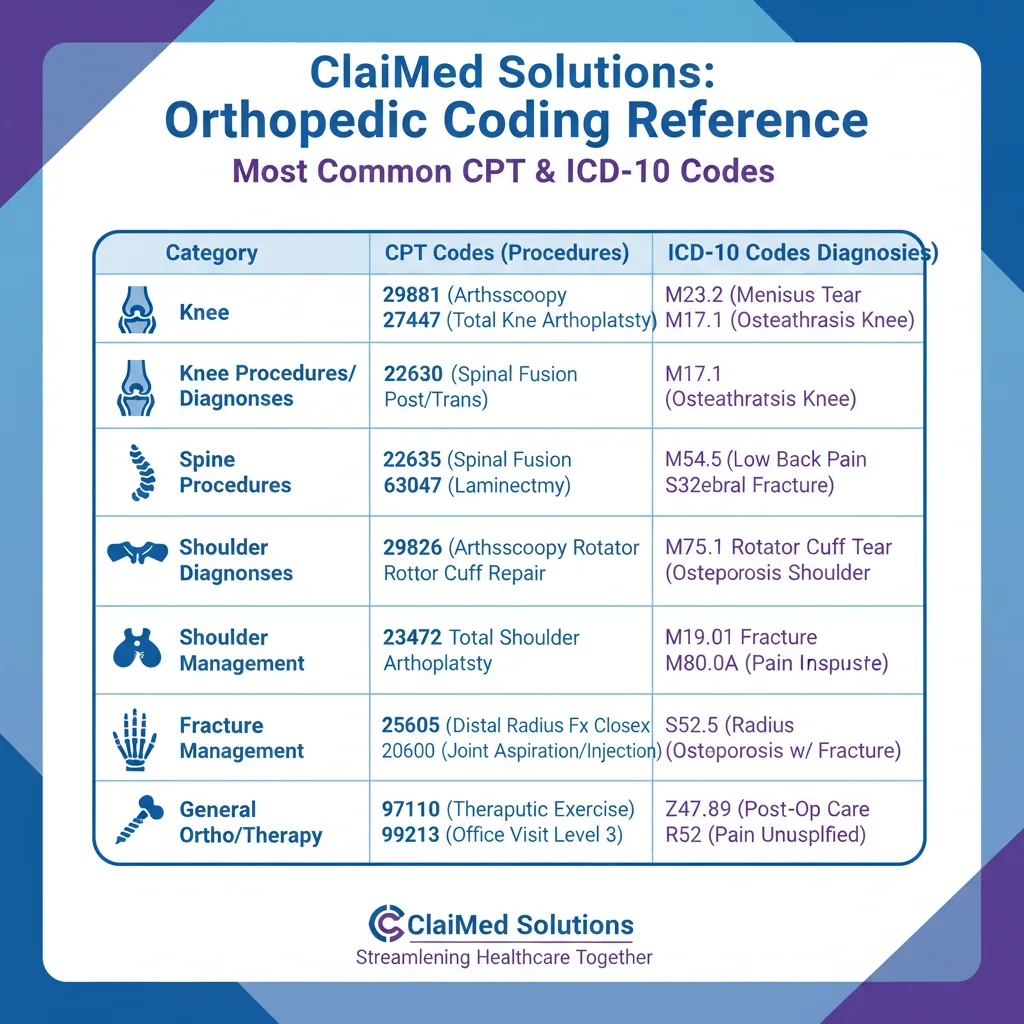 Infographic of most common orthopedic CPT and ICD-10 codes, with joint, bone, and orthopedic procedure icons, in ClaiMed Solutions blue, purple, and white.