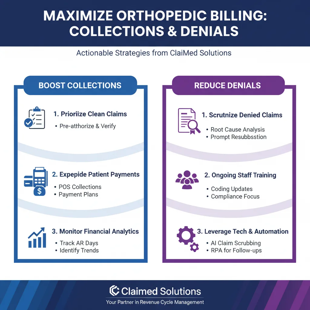 Infographic with tips for maximizing collections and reducing denials in orthopedic billing, featuring a checklist, denied claims magnifying glass, analytics bar chart, group training, and payment terminal, in ClaiMed Solutions blue, purple, and white.