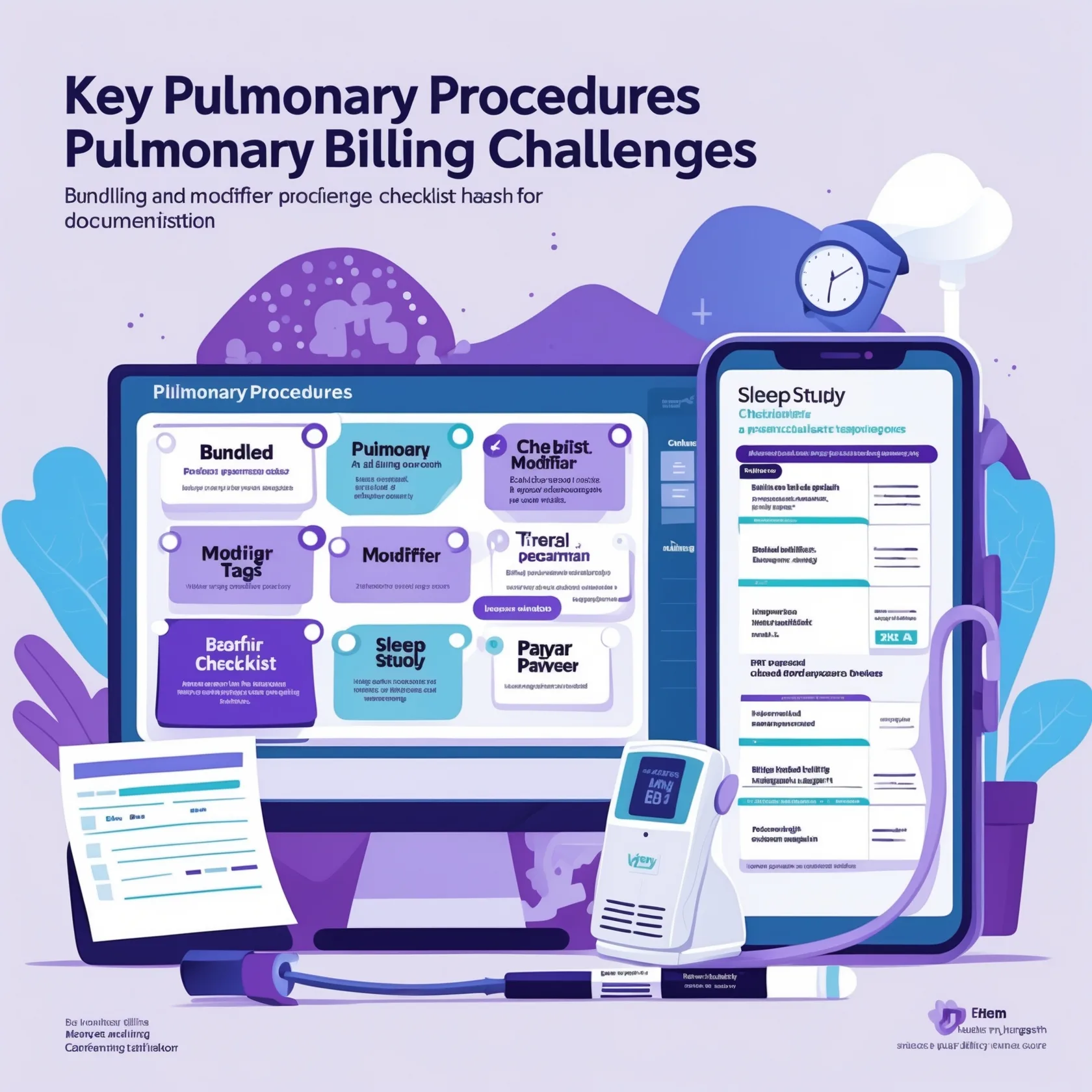 Illustration of pulmonary billing challenges with bundled procedures, modifiers, and documentation checklist.