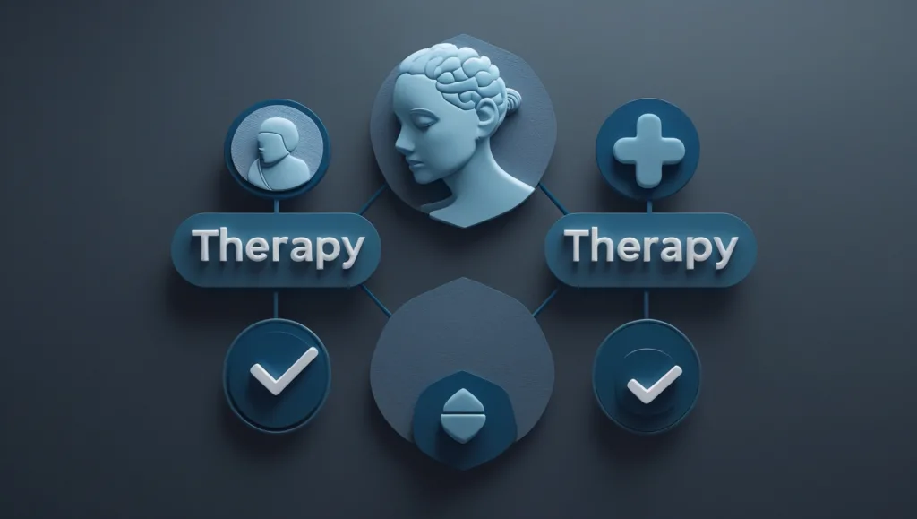 Infographic of mental health billing codes and compliance icons.