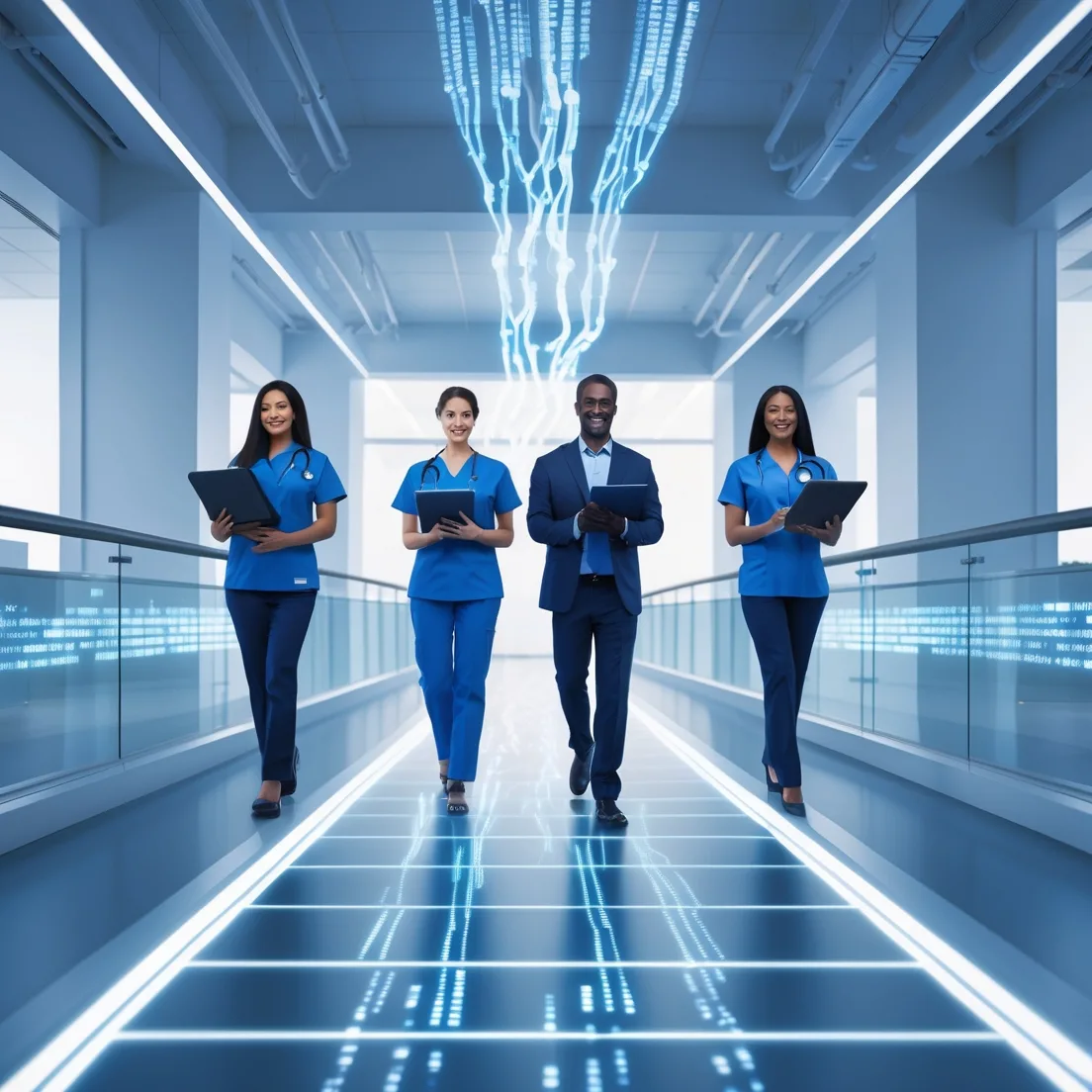 Orthopedic clinic staff confidently crossing a glowing digital bridge between two modern medical offices, symbolizing seamless onboarding to a new billing system.