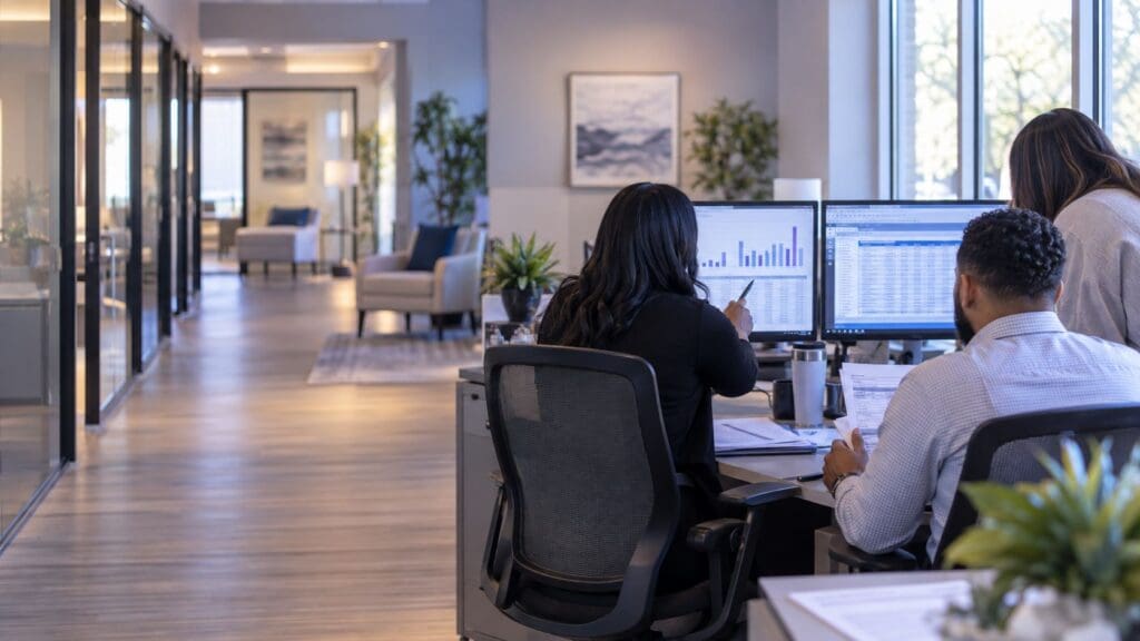 Two team members reviewing revenue dashboards and reports in a modern office