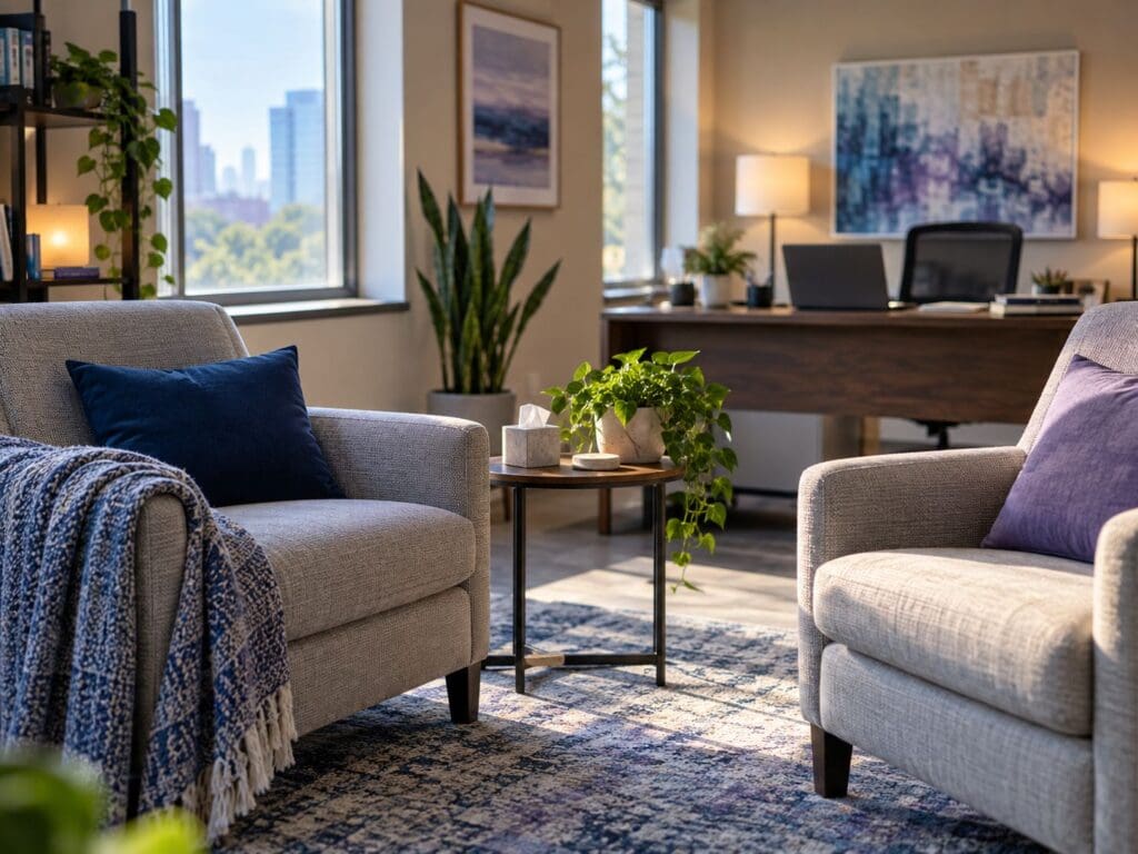 A calming behavioral health practice lounge with seating and a city view